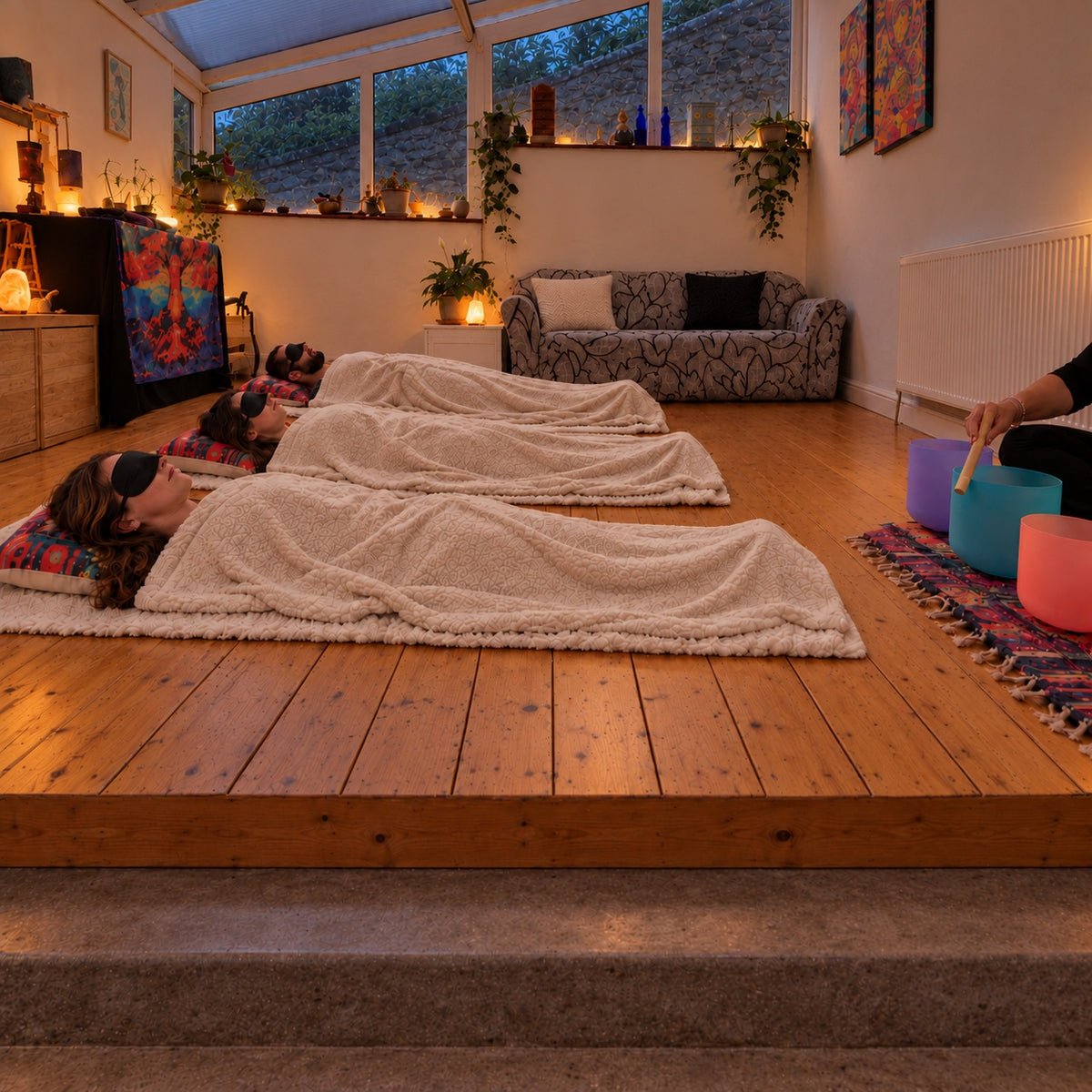 A small group resting under blankets during a sound bath