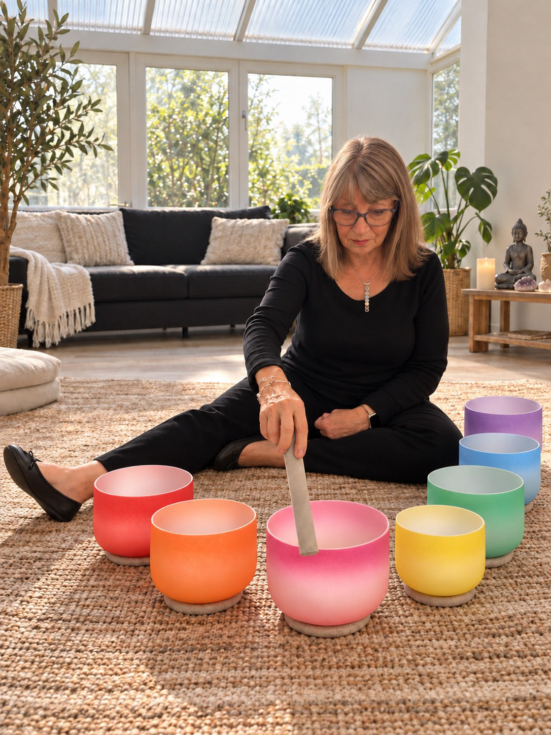 Maggie playing colourful sound bowls in a care home setting