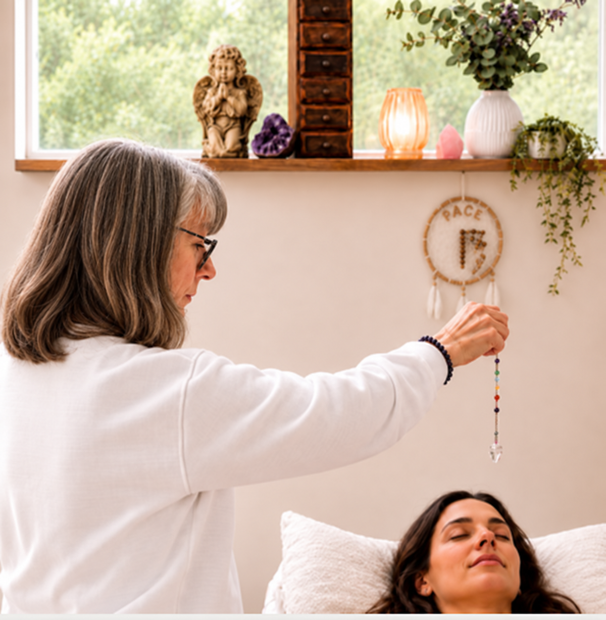 Maggie offering a crystal therapy session