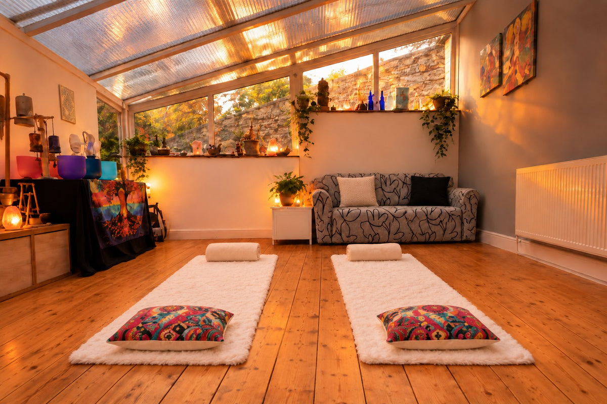 Two comfortable mats ready for a shared sound bath