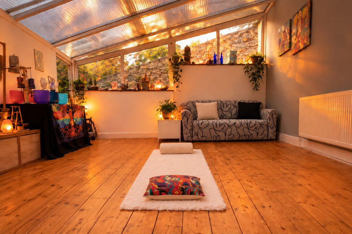 The studio prepared for a private one-to-one sound bath